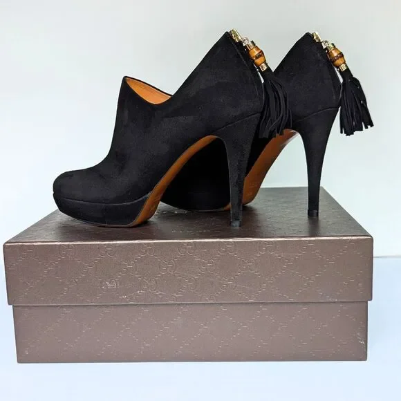 Gucci Betty High Heel Platform Bootie Size 36.5 | 6.5 Black Suede Bamboo Tassel - Picture 11 of 15